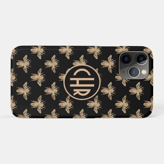 Cute Black and Gold Queen Bee Monogram Case-Mate iPhone Case (Achterkant (horizontaal))