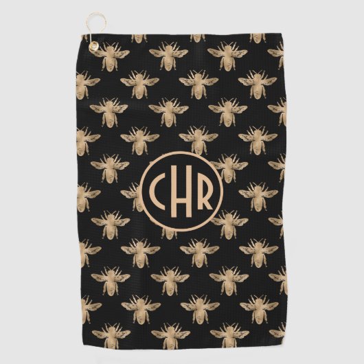 Cute Black and Gold Queen Bee Monogram Golfhanddoek (Voorkant)