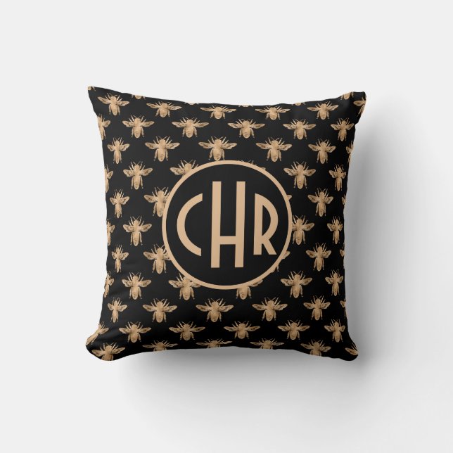 Cute Black and Gold Queen Bee Monogram Kussen (Voorkant)