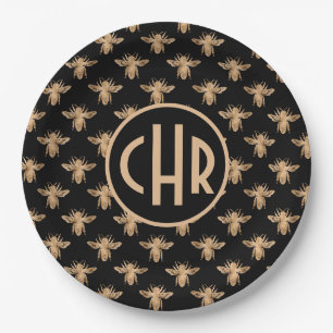 Cute Black and Gold Queen Bee Monogram Papieren Bordje