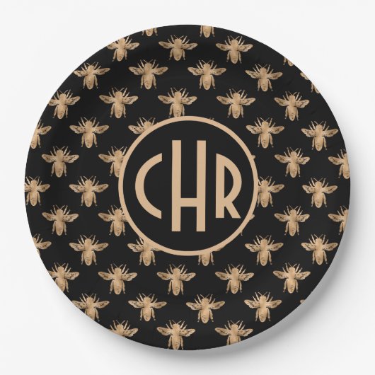 Cute Black and Gold Queen Bee Monogram Papieren Bordje (Voorkant)