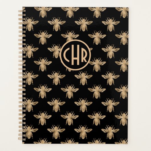 Cute Black and Gold Queen Bee Monogram Planner (Voorkant)