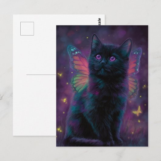 Cute Black and Purple Cat Fairy Briefkaart (Voorkant / Achterkant)