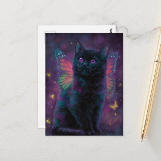 Cute Black and Purple Cat Fairy Briefkaart (Voorkant / Achterkant in situ)