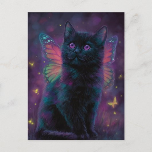 Cute Black and Purple Cat Fairy Briefkaart (Voorkant)