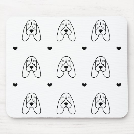 Cute Black and White Basset Hound Heart Pattern Muismat (Voorkant)