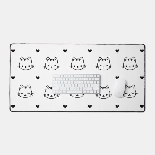 Cute Black and White Cat and Heart Pattern Bureaumat (Keyboard & Muis)