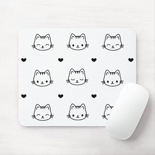 Cute Black and White Cat and Heart Pattern Muismat (Met muis)