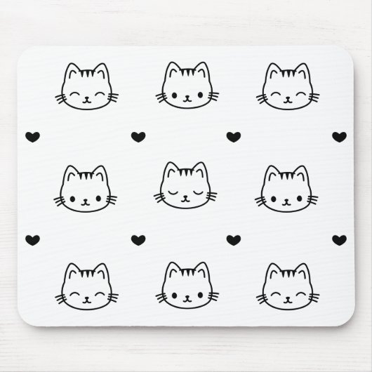 Cute Black and White Cat and Heart Pattern Muismat (Voorkant)
