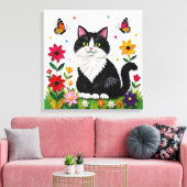 Cute Black and White Cat, Flowers and Butterflies Canvas Afdruk (Insitu (Woonkamer))