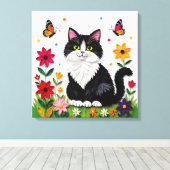 Cute Black and White Cat, Flowers and Butterflies Canvas Afdruk (Insitu (Houten vloer))