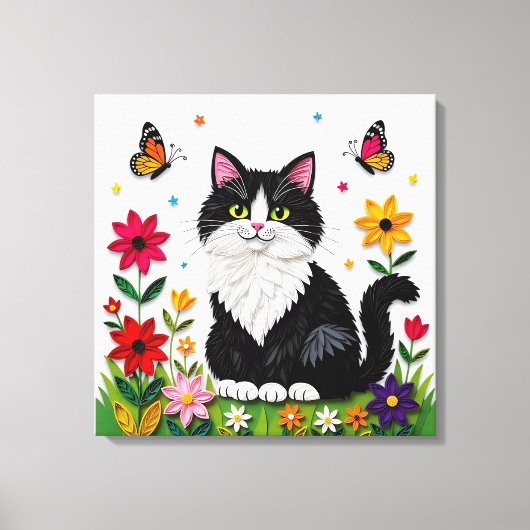Cute Black and White Cat, Flowers and Butterflies Canvas Afdruk (Voorkant)