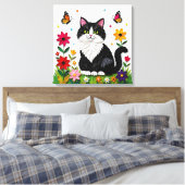 Cute Black and White Cat, Flowers and Butterflies Canvas Afdruk (Insitu (Slaapkamer))