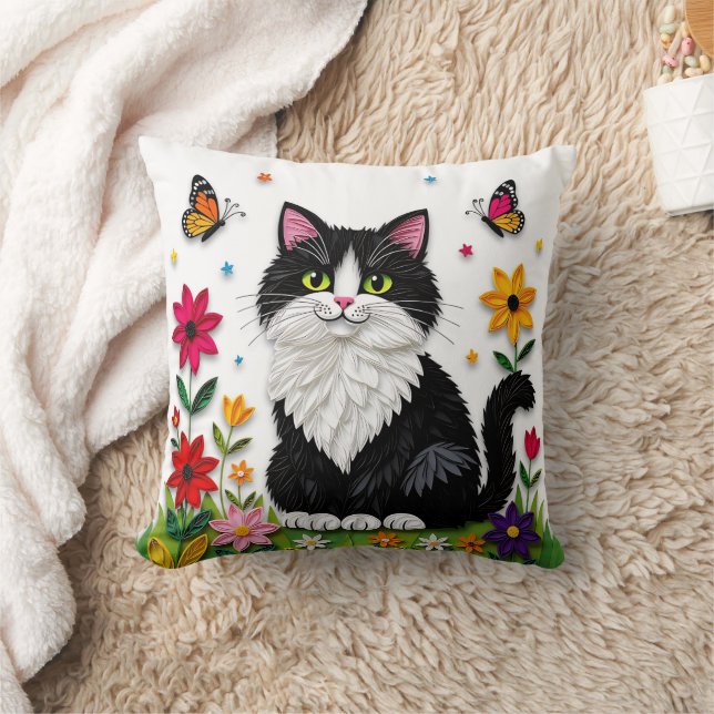 Cute Black and White Cat, Flowers and Butterflies Kussen (Deken)