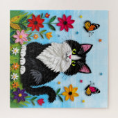 Cute Black and White Cat, Flowers and Butterflies Legpuzzel (Horizontaal)