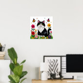 Cute Black and White Cat, Flowers and Butterflies Poster (Thuiskantoor)
