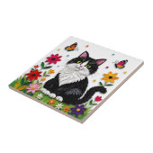 Cute Black and White Cat, Flowers and Butterflies Tegeltje (Zijkant)