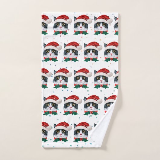 Cute Black and White Cat With Santa Hat Christmas Handdoek (Handdoek)