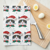 Cute Black and White Cat With Santa Hat Christmas Theedoek (Quarter Fold)
