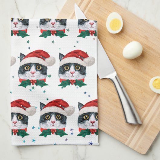 Cute Black and White Cat With Santa Hat Christmas Theedoek (Quarter Fold)
