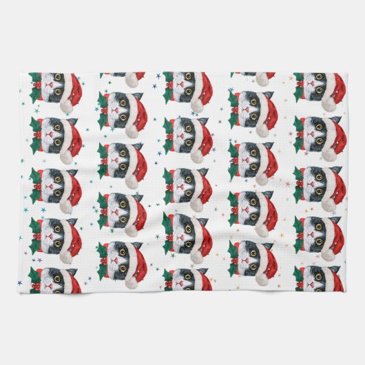 Cute Black and White Cat With Santa Hat Christmas Theedoek (Horizontaal)