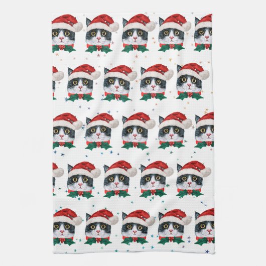 Cute Black and White Cat With Santa Hat Christmas Theedoek (Verticaal)