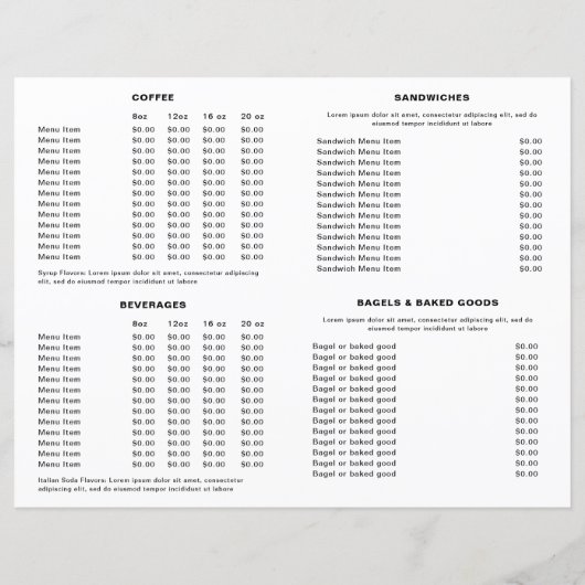 Cute Black and White Coffee Cup Coffee Shop Menu (Achterkant)
