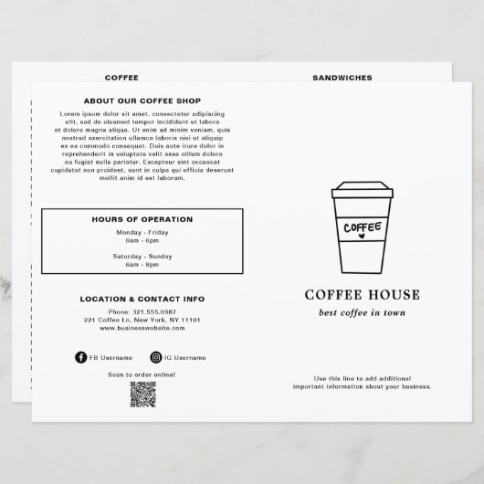 Cute Black and White Coffee Cup Coffee Shop Menu (Voorkant / Achterkant)