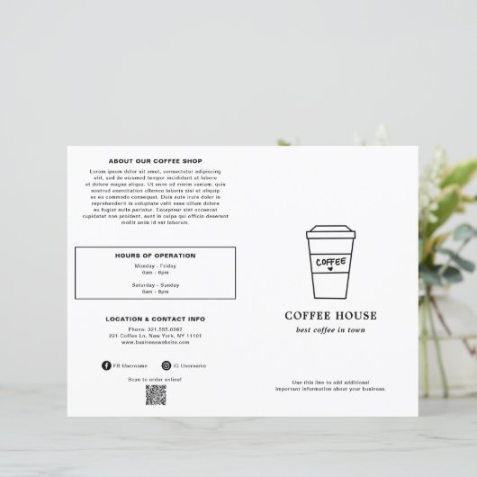 Cute Black and White Coffee Cup Coffee Shop Menu (Staand voorkant)