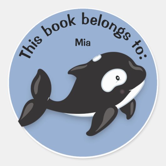 Cute Black and White Orca Whale Book Name Bord Ronde Sticker (Voorkant)