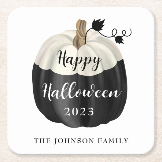 Cute Black and White Pumpkin Happy Halloween 2022 Kartonnen Onderzetters (Voorkant)