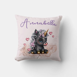 Cute Black Baby Unicorn en Hearts Kussen