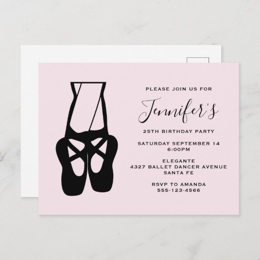 Cute Black Ballet Slippers En Pointe Birthday Uitnodiging Briefkaart (Voorkant / Achterkant)