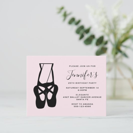 Cute Black Ballet Slippers En Pointe Birthday Uitnodiging Briefkaart (Staand voorkant)