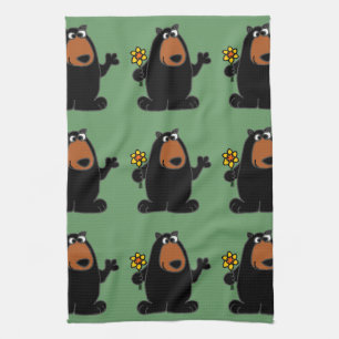 Cute Black Beer met Daffodil Cartoon Theedoek
