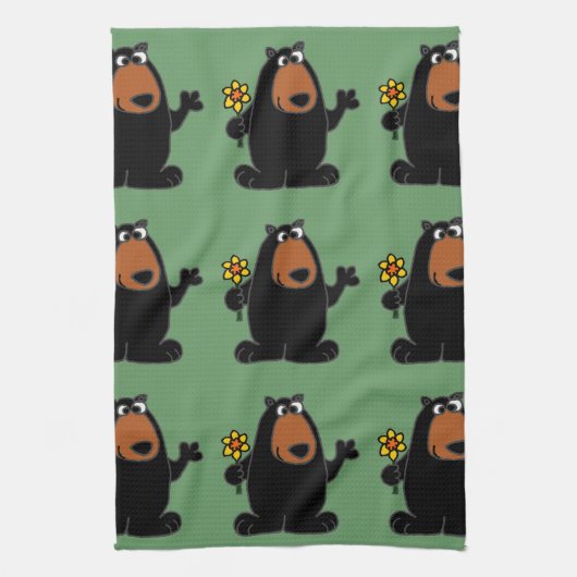 Cute Black Beer met Daffodil Cartoon Theedoek (Verticaal)