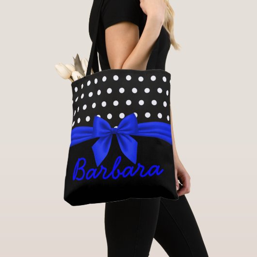 Cute Black Blue Polka Dots Monogram Tote Bag (Dichtbij)