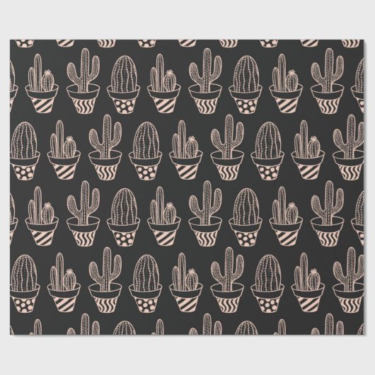 Cute Black Blush Pink Potted Cactus Pattern Cadeaupapier (Vlak)