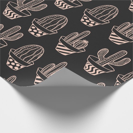 Cute Black Blush Pink Potted Cactus Pattern Cadeaupapier (Hoek)