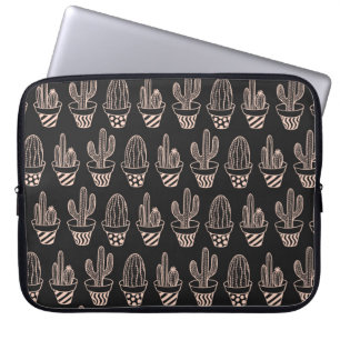 Cute Black Blush Pink Potted Cactus Pattern Laptop Sleeve