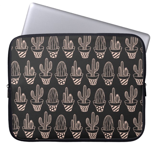 Cute Black Blush Pink Potted Cactus Pattern Laptop Sleeve (Voorkant)