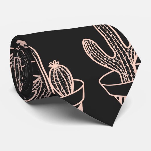 Cute Black Blush Pink Potted Cactus Pattern Stropdas (Opgerold)