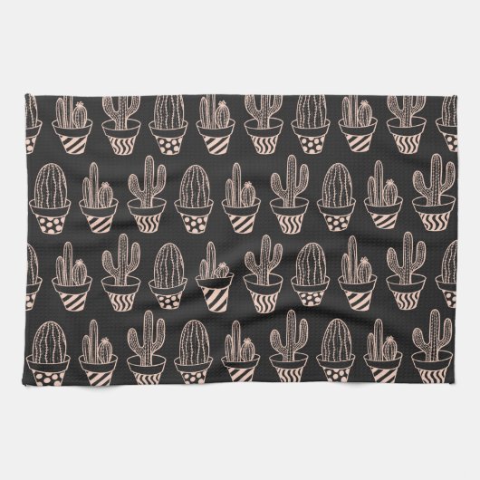Cute Black Blush Pink Potted Cactus Pattern Theedoek (Horizontaal)