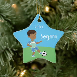 Cute Black Boy Soccer Persoonlijke kerstCeram Keramisch Ornament