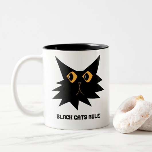 Cute Black Cartoon Cat met tekst. Tweekleurige Koffiemok (Met donut)