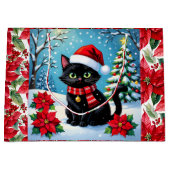 Cute Black Cat and Poinsettia Christmas Groot Cadeauzakje (Voorkant)