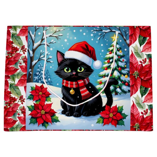 Cute Black Cat and Poinsettia Christmas Groot Cadeauzakje (Voorkant)