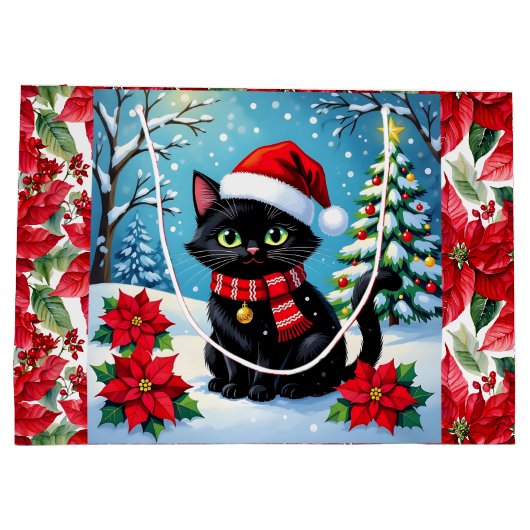Cute Black Cat and Poinsettia Christmas Groot Cadeauzakje (Achterkant)