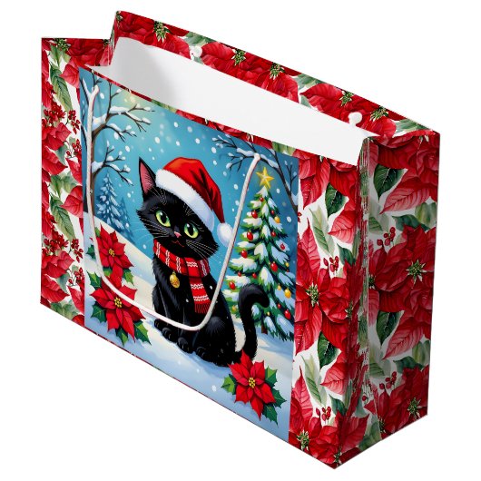 Cute Black Cat and Poinsettia Christmas Groot Cadeauzakje (Voorkant Gekanteld)