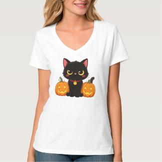 Cute Black Cat and Pumpkins Halloween T-shirt